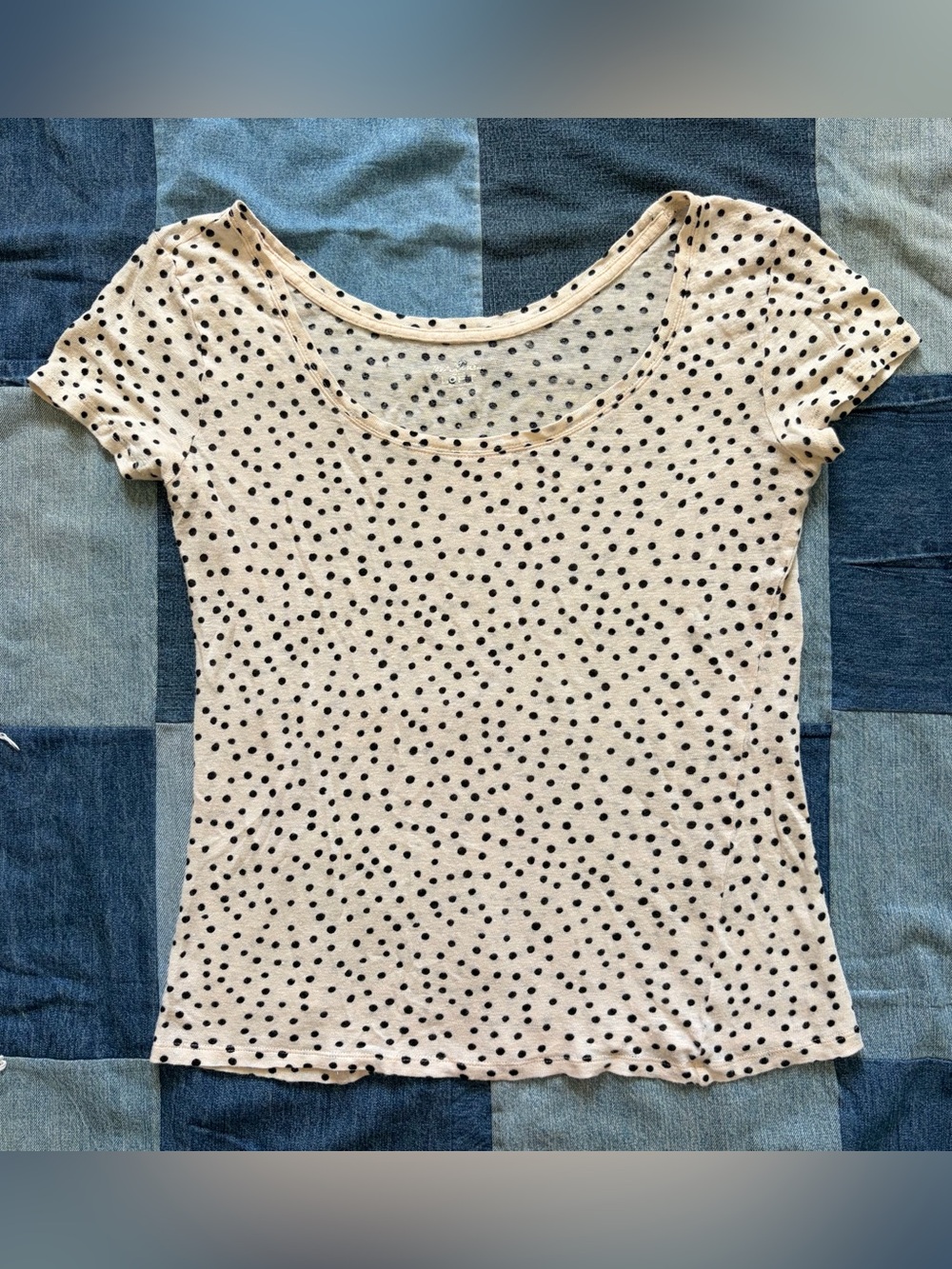 100% linen cream white polka dot t shirt ann taylor loft wide scoop neck size M
